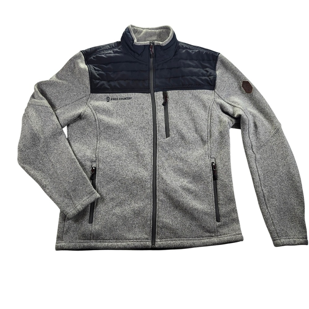 Free Country Sweater Fleece Jacket Mens Large‎ Gray Excellent Hybrid Quilted Zip